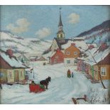 T Young oil on canvas of a Continental snowy village, signed lower right, 45 x 50cm, in gilt frame