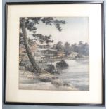 Pair of Japanese silk pictures of lake and pagoda scenes, 29 x 27.5cm