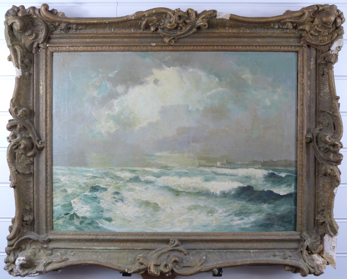 19th/20thC impressionist oil on board of a rough sea with town beyond, indistinctly signed - Image 2 of 4