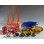 Twenty-nine pieces of decorative coloured glassware including vases, bowls etc, largest 36cm tall.