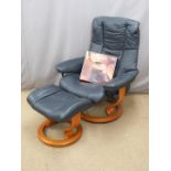 Stressless blue leather chair, footstool and swing table