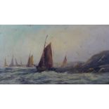 Oil on board, fishing boats in a stormy sea off a rocky headland, 29 x 54cm