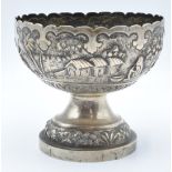 Indian or Burmese white metal pedestal bowl with embossed decoration of oxen and people on