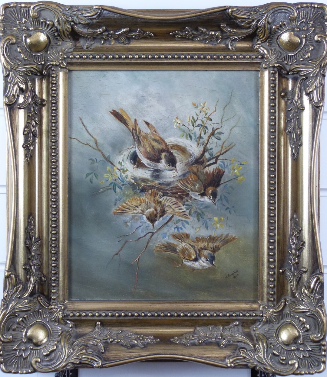 M Campbell (British School) oil on canvas fledglings leaving the nest watched by parents, signed and - Image 2 of 6