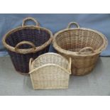 Two wicker log baskets and another for kindling, largest D60 x H42cm