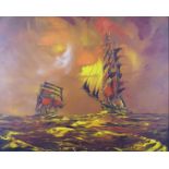 George R Deakins (1911-1982) acrylic on board seascapes sailing ships at sea, signed and dated 72
