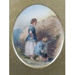 19thC miniature watercolour of a woman with child drinking from a spring, label verso 'att to