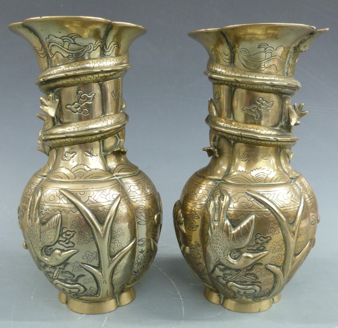 A pair of Chinese bronze / brass vases with dragon decoration, H25cm - Image 3 of 3