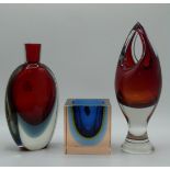 Three Murano Sommerso glass vases comprising a cube vase with original label, a bottle vase and