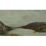Attributed to John Slater watercolour Scottish loch scene, 21 x 37cm, with label verso