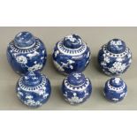 Set of six graduated blue and white Chinese prunus flower ginger jars, largest 15cm