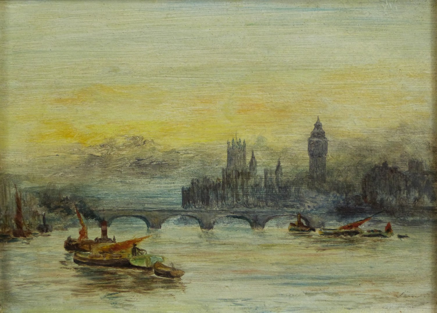 Pair of oils on board Westminster and Tower bridges with shipping, both titled and dated 1921 verso, - Image 2 of 5