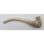 Chinese white metal pipe with dragon decoration and character marks to base, length 10cm, weight