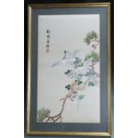 Chinese embroidery of birds in foliage, 75 x 43cm