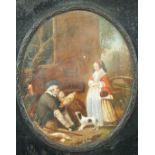 19thC miniature watercolour after Gabriel Metsu The Game Seller, indistinctly signed to lower