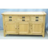 Contemporary light oak sideboard with three drawers and three cupboards, W160 x D57 x H90cm
