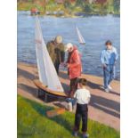 Robert Brandt (British Contemporary) oil or acrylic on board 'Yachtsmen' of figures with model boat,