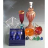 A collection of decorative glassware including a Murano lamp, signed clear glass lozenge shaped