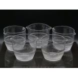 A set of five cut clear glass wine rinsing bowls with double spouts, each approximately 14cm in