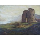 19th/early 20thC oil on canvas ruined castle with Scottish loch or similar beyond, 40 x 55cm, in