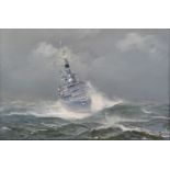 John Hamilton (1919-1993) oil on board seascape Royal Navy frigate F14 in stormy sea, signed lower