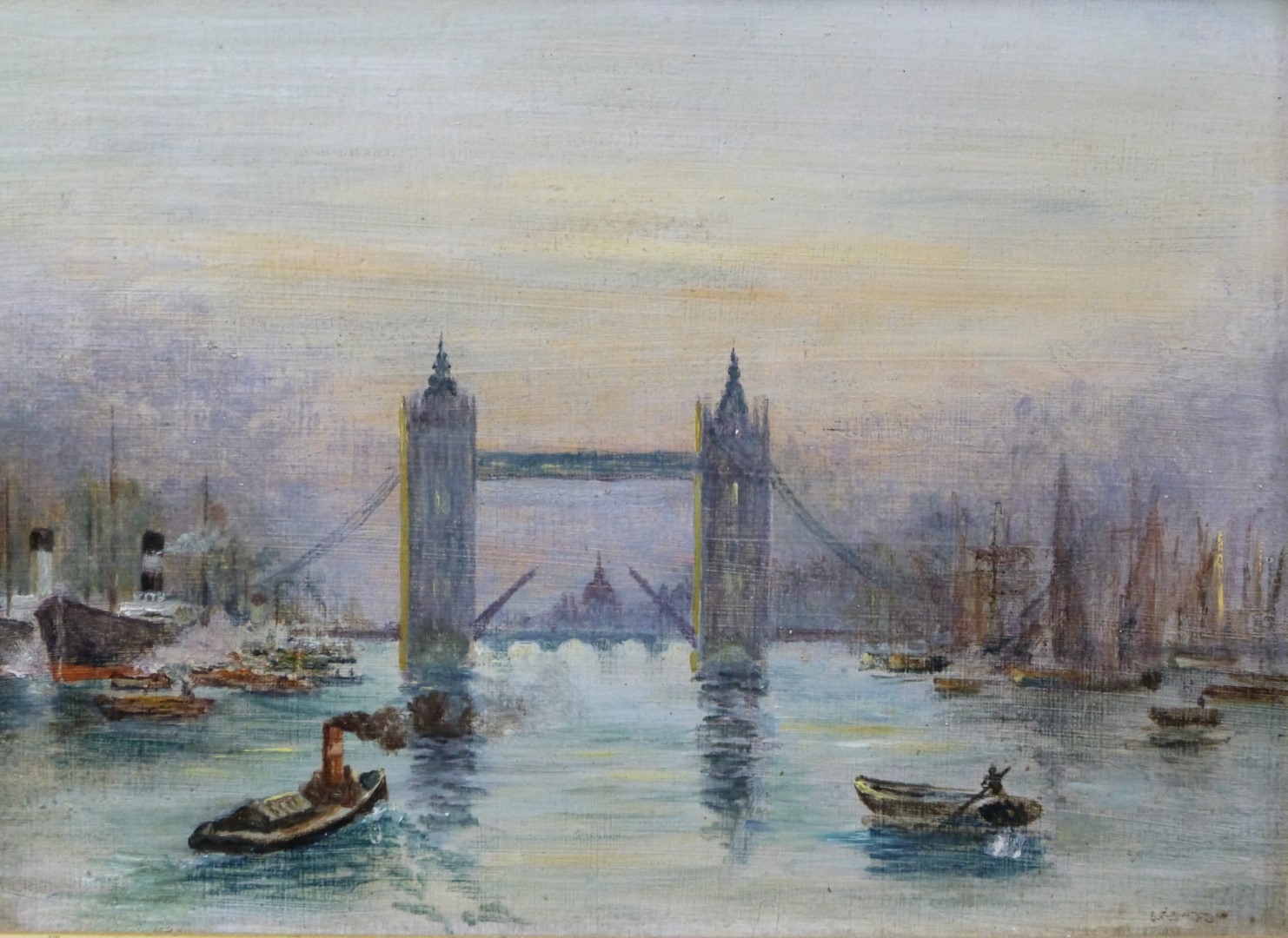Pair of oils on board Westminster and Tower bridges with shipping, both titled and dated 1921 verso, - Image 4 of 5
