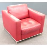 Poltrona Frau modern red leather armchair with brushed stainless steel base