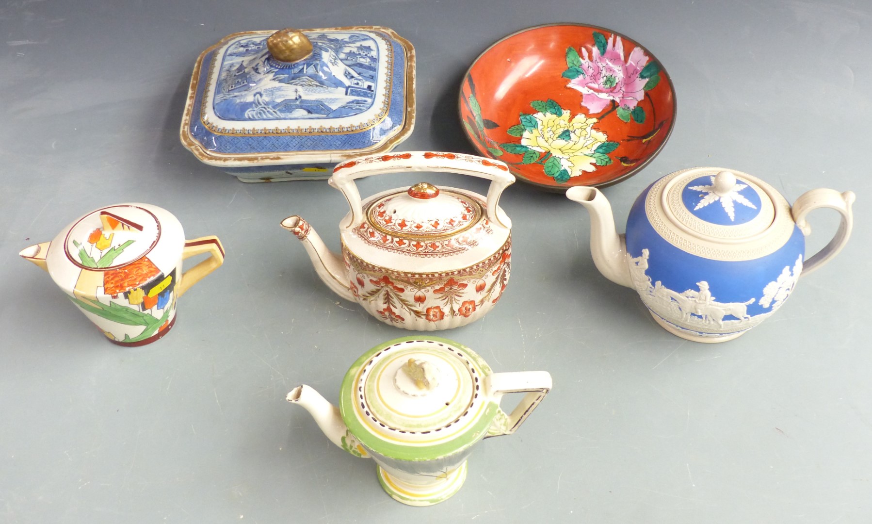 Russian enamelled porcelain dish with metal surround, four teapots including Copeland and Art Deco