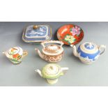 Russian enamelled porcelain dish with metal surround, four teapots including Copeland and Art Deco