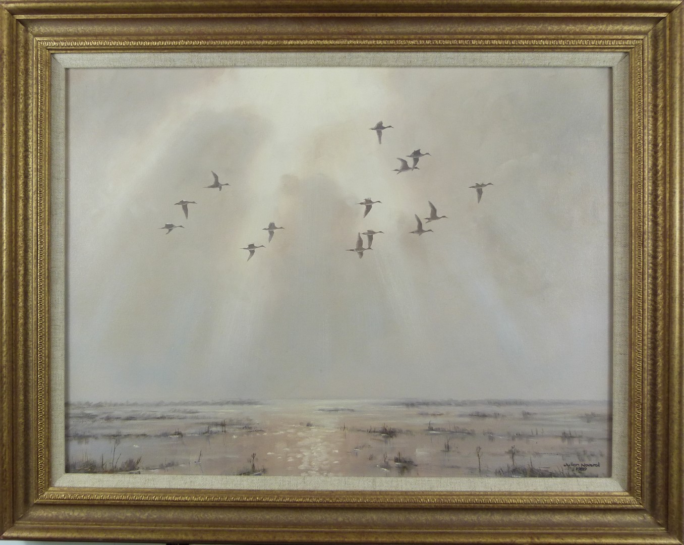 Julian Noverol (b1949) oil on canvas of a flight of geese above marshland, signed and dated 1989 - Image 3 of 5