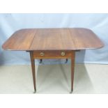 Georgian mahogany drop leaf table with brass ring handled drawer to one end raised on tapering legs,