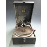His Master's Voice c1930s portable wind up gramophone in black Rexine finish
