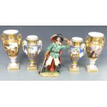 Two pairs of 19th/20thC Continental vases and a Continental figure of Cyrano de Bergerac