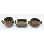 Three Japanese bronze censers, marked to bases, tallest 5cm