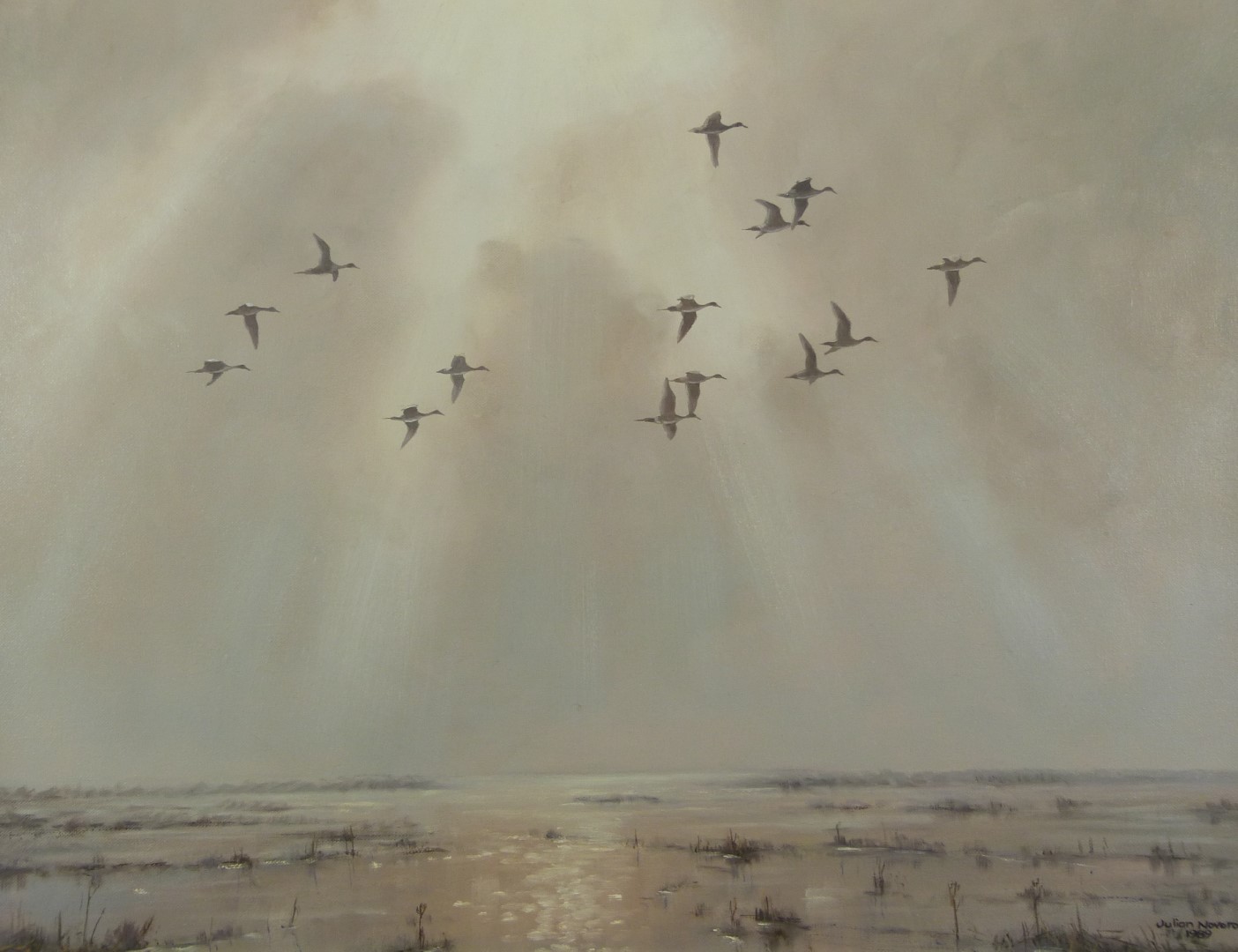 Julian Noverol (b1949) oil on canvas of a flight of geese above marshland, signed and dated 1989