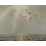 Julian Noverol (b1949) oil on canvas of a flight of geese above marshland, signed and dated 1989