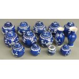 Fourteen items of Chinese blue and white porcelain comprising eleven prunus flower ginger jars