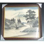 Pair of Japanese silk pictures of Mount Fuji / river scenes, each 48 x 53cm, in gilt and oak frames