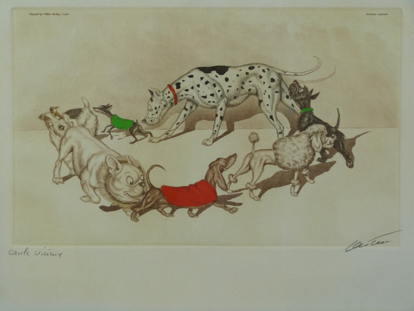 Dirty Dogs of Paris amusing engraving of seven dogs circling titled 'Viciune Cercle' signed Boris