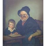 Old master style oil on canvas of a lady teaching a young boy to read, 19 x 15cm