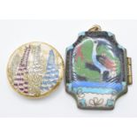 Japanese Satsuma ceramic button and a cloisonné locket depicting a stork