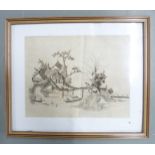 Seven Japanese etchings of garden scenes, each 18 x 24cm