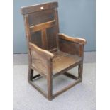 Antique oak panel chair with peg joints, H102cm