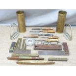 Vintage tools including brass inlaid woodcarving chisels, stirrups, bit, WW1 shell cases etc