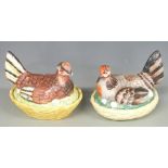 A pair of figural hen egg crocks, height 15cm