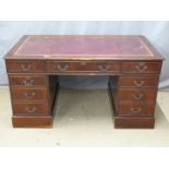 Leather inset mahogany twin pedestal desk, W152 x D96 x H82cm