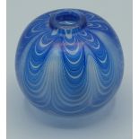 Sanders Wallace glass vase of globular form with blue iridescent trailed decoration over clear