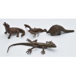 Four Japanese bronzes, a lizard, lobster, crocodile and pangolin, three marked to base, largest 10 x