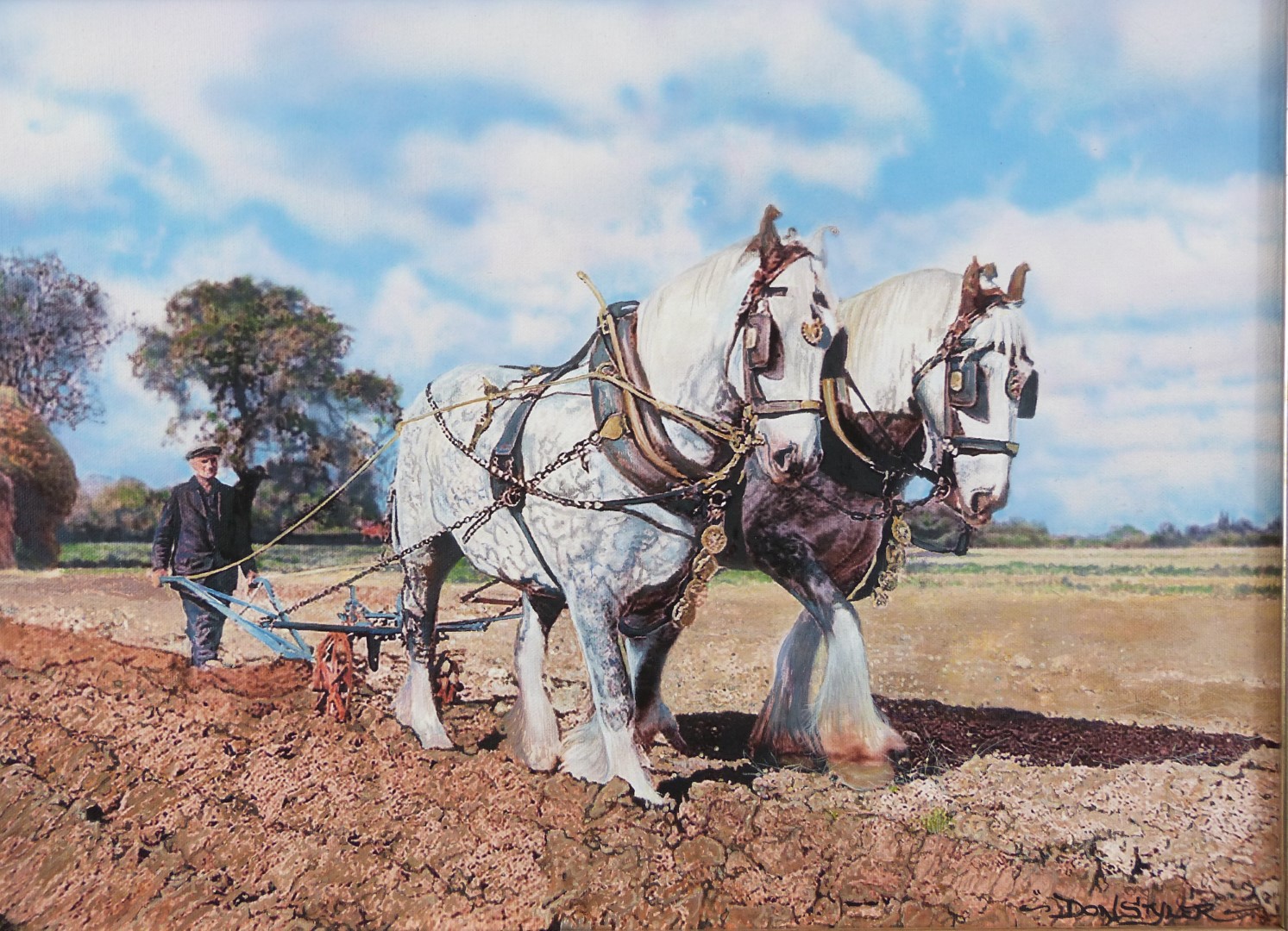 Don Styler British (20th/ 21stC) oil on board over photograph ploughing with two grey heavy/ shire