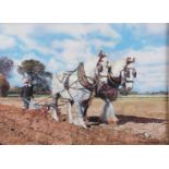 Don Styler British (20th/ 21stC) oil on board over photograph ploughing with two grey heavy/ shire